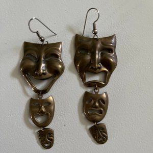 Drop Earrings Comedy and Tragedy Faces Brass-like Metal